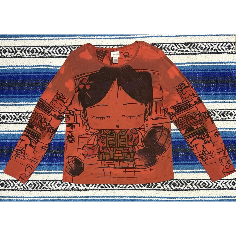 Y2K Chicos AOP Sz 2 Womens Long Sleeve Shirt Orange Asian Art Novelty Cotton Top